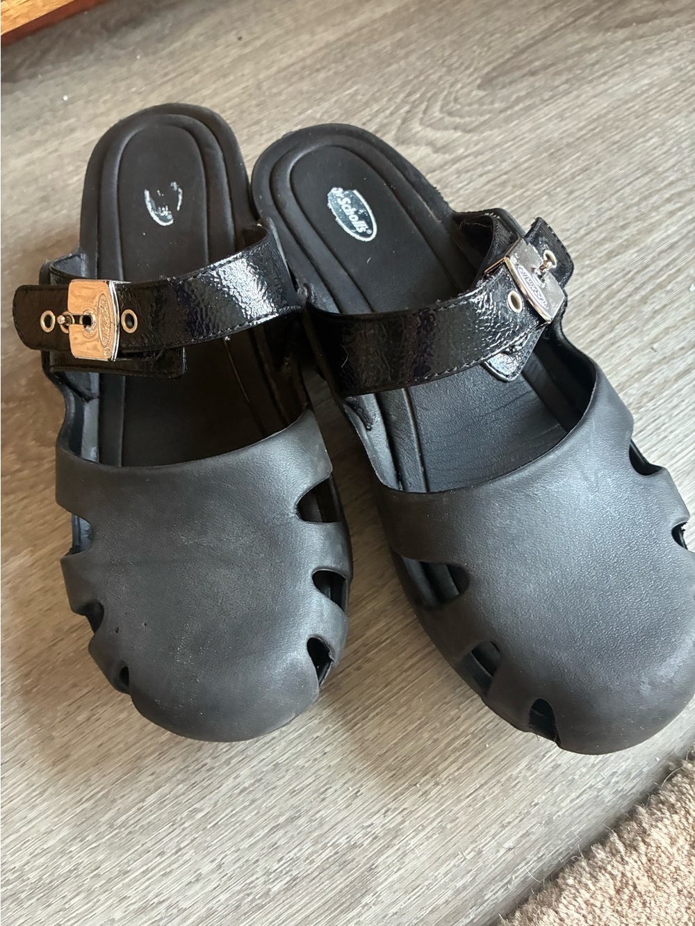 Black Slip-On Clog Sandals with Buckle Strap